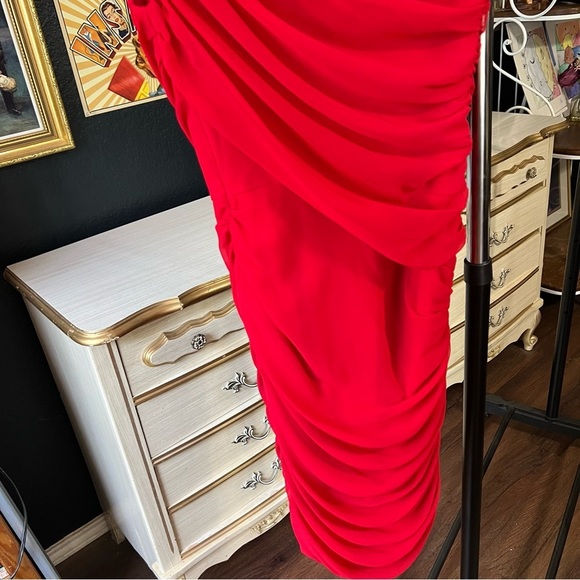 Vintage Cache Red One Shoulder Flower Mini Dress Size Small - Picture 8 of 11